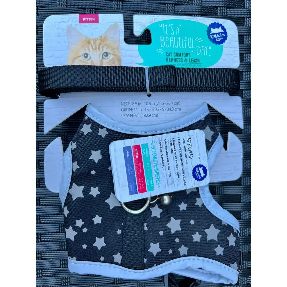 Whisker City Black and Silver Star Kitten Size Comfort Harness and Leash